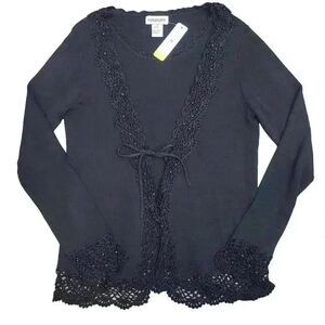Notations Women's Black Rayon/Nylon Knit Top w Attached Cardigan & Crocheted Lac